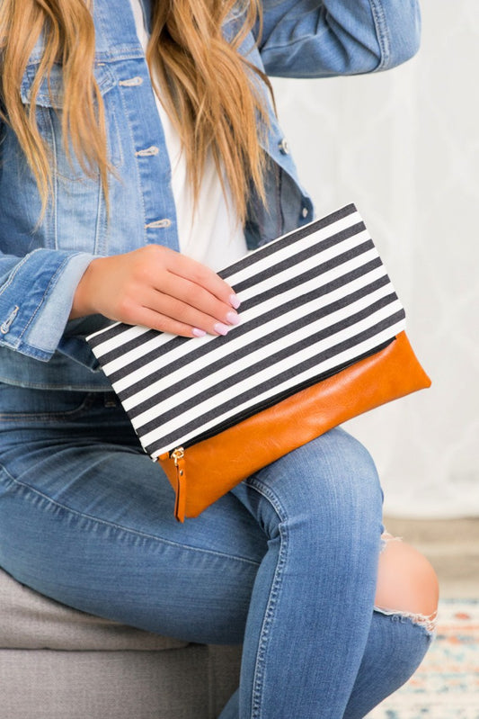 Stripe Fold Over Zipper Clutch