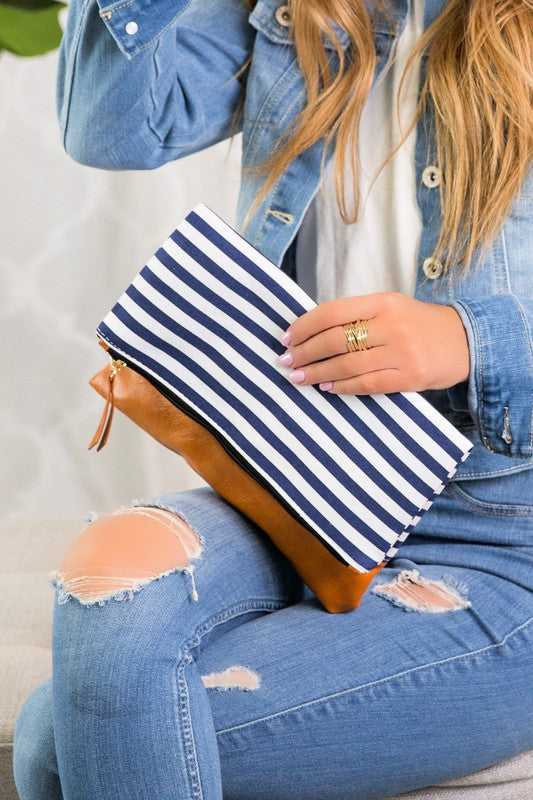 Stripe Fold Over Zipper Clutch